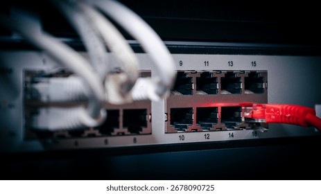 Network switch with multiple connected ethernet cables, including a red cable in port 16. Concept of computer networking, LAN and modern data infrastructure.
