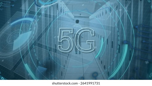Network technician monitoring server racks and cables in data center corridor, with 5G graphics. Technology, data center, digital, connectivity, industrial, futurism, information - Powered by Shutterstock - Get 15% off with code: PIKWIZARD15