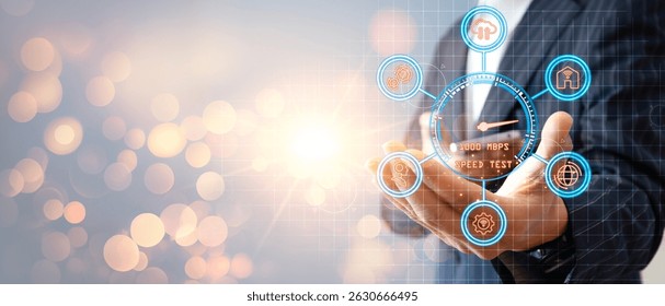 Network technology bandwidth test super fast internet connection speed people use high speed internet with smartphone and laptop computer 5G quality increase speed efficiency - Powered by Shutterstock - Get 15% off with code: PIKWIZARD15
