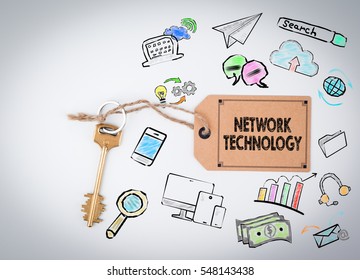 Network Technology Concept. Key and a note on a white background 