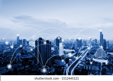 Network Telecommunication and Communication Connect Concept, Connection 5G Networking System of Infrastructure and Cityscape at Night Scenery. Technology Digital Connectivity and Information Transfer