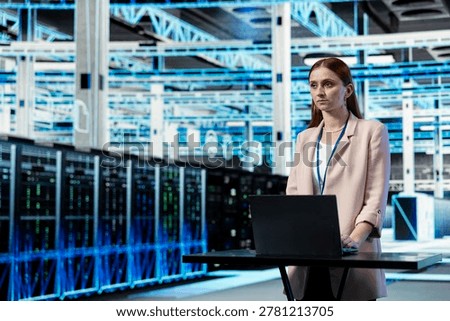 Network threats, laptop and programmer in data center deploying protection. Auditing systems, notebook and cybersecurity department worker in server farm fixing computer bugs