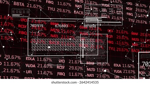 Network visualization panels floating in dashboard, with red ticker codes, percentage values, nodes. Data, analytics, visualization, cyberspace, communication, technology, digital