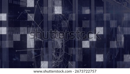 Network visualization streaming data in server rack, translucent squares and node connections. Abstract, digital, futuristic, technology, connectivity, data, cyber