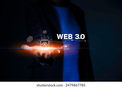 network Web 3.0 concept, man working using web3.0 analyzing data on futuristic virtual screen technology. Cutting-Edge Technology, decentralized technology data.