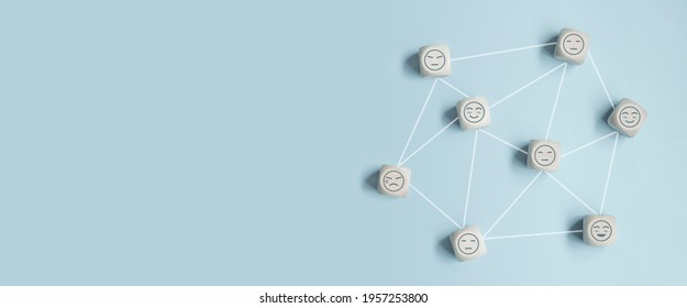 Network Wooden Blocks With Emotion Icon On Blue Background, Positive Thinking, Mental Health Assessment , World Mental Health Day Concept