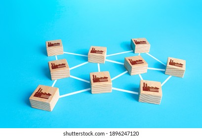 Networked industrial plants. Combine association of industrial enterprises of related industries.. Business network companies complex markets. Internationalization globalization. Clusters - Shutterstock ID 1896247120