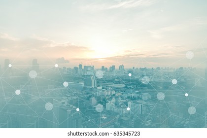 Networking Connect Technology Abstract Concept. Polygonal With Connecting Dots With Blur City Business Background.


