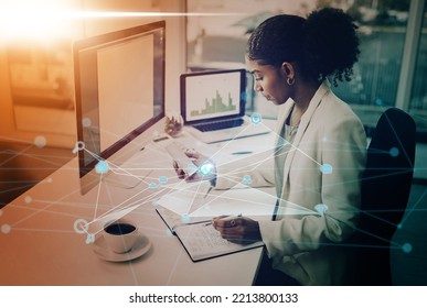 Networking, Digital Transformation And Planning With Woman At Computer Writing At Desk For Research, Innovation And Technology Abstract. Data Science, Iot And Website With Employee In Office