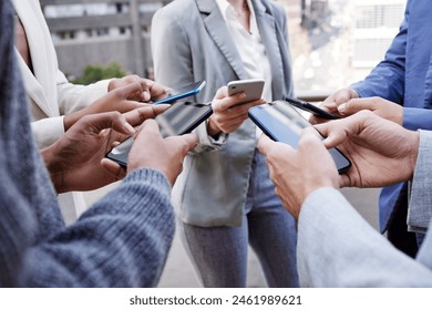 Networking, people and group with phone in hands typing email, reminder or sharing contact info. Business, community and team chat with professional social media, app or planning collaboration - Powered by Shutterstock