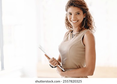 Networking, tablet and smile with business woman for hotel concierge, hospitality industry and receptionist. Happy, search and online booking with female person for portrait, mockup space and app - Powered by Shutterstock