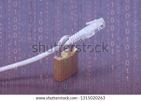 Networks cable in padlock. Internet blocking. Red toning with numbers.