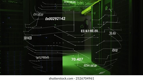 Networks and data processing over green lit, dark computer server room. Communication, data and digital interface technology, digitally generated image. - Powered by Shutterstock