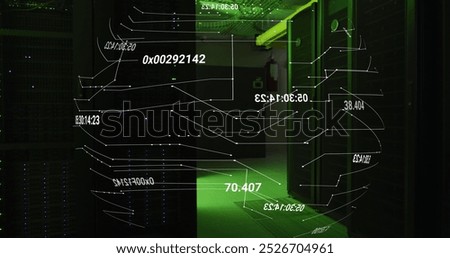 Networks and data processing over green lit, dark computer server room. Communication, data and digital interface technology, digitally generated image.
