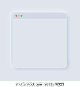 Neumorphic Web Browser Window Frame Soft Shadow Vector UI Blank Webpage Screen Mockup Light Minimalist Interface Template
