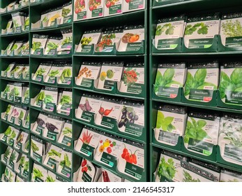 Neumuenster, Germany - 16. April 2022: Various Seed Bags For Sale In A Toom Home Improvement Store