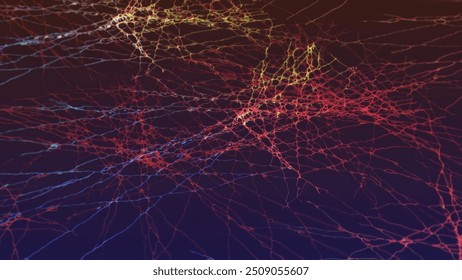 Neural network visualization with vibrant colors depicting complex interconnections within the brain at nighttime