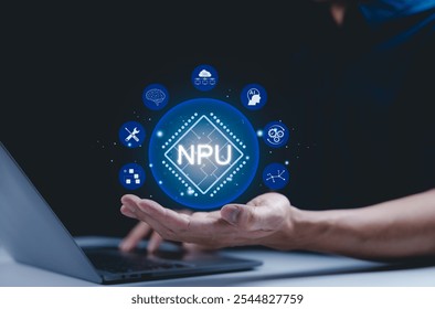 Neural Processing Unit (NPU) and AI Technology Concept. A hand holds a digital interface "NPU," representing artificial intelligence, machine learning, and data processing, advanced neural computing.