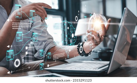 neural, technology, processor, network, link, system, intelligence, innovation, ai, lightbulb. hold a light bulb and front of the man neural ai technology system showing. network link system.