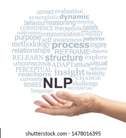 Neuro Linguistic Programming Practitioner Offering NLP Word Tag Cloud - Female Open Hand With An NLP Word Cloud Floating Above On A White Background 
