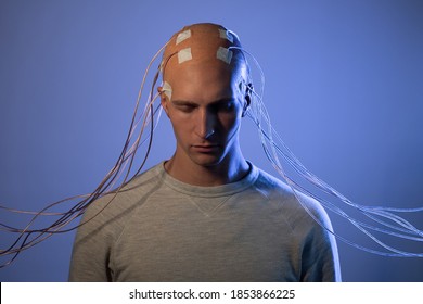 Neurointerface, brain - computer communication. transhumanism concept of a futuristic person connected to virtual reality, digitization of consciousness.
