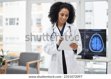 Neurology, doctor and planning surgery with tablet in office with x ray, results and patient data on tech for expert consultation. Cancer, research and black woman to study the brain or neuroscience