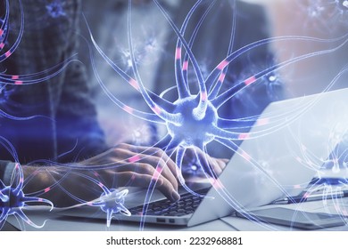 Neuron hologram with man working on computer on background. Education concept. Double exposure. - Shutterstock ID 2232968881