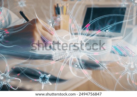 Neuron hologram over hands taking notes background. Concept of research and study. Double exposure