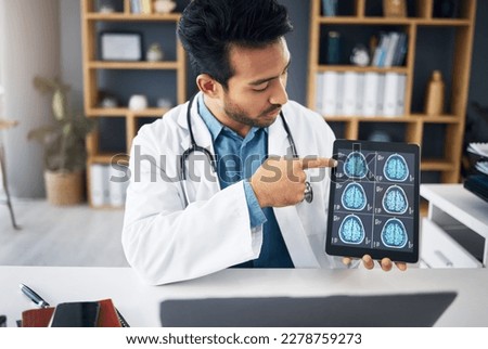 Neuroscience, man and doctor with scans, explain diagnosis or healthcare in workplace. Male consultant, employee or medical professional with tablet, talking or analysis for solution or brain results