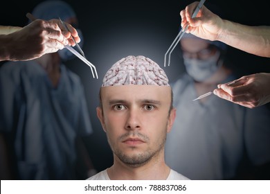 Neuroscience And Neurosurgery Concept. Surgeons During Operation Of Brain.