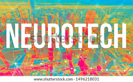 Neurotech concept with neural network connectivity gradient city background