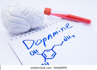 Neurotransmitter Dopamine In Brain. Anatomic 3D Brain Model, Lab Test Tube With Blood And Note, Where Is Written Title Of Dopamine And Formula. Concept For Determine Level Of Dopamine In Human Brain