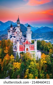 Neuschwanstein Castle, Germany - Bavaria in beautiful autumn colors, Fussen province and Bavarian Alps, german travel background.
