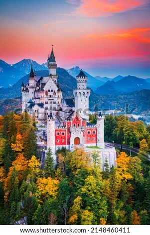 Neuschwanstein Castle, Germany - Bavaria in beautiful autumn colors, Fussen province and Bavarian Alps, german travel background.