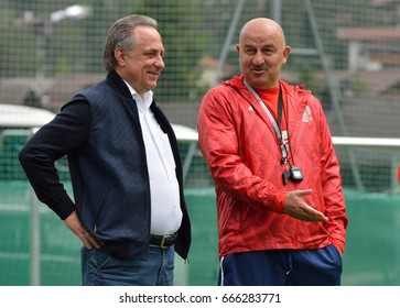 NEUSTIFT IM STUBAITAL, AUSTRIA - JUNE 2, 2017. Russian National Football Team Coach Stanislav Cherchesov With Vitaly Mutko, Deputy Prime Minister Of Russia And President Of Russian Football Union.