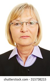 Neutral Face Of Old Woman With Glasses For Biometric Passport Photo