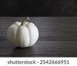 Neutral Fall background with white pumpkin on wooden table and dark wall in background with copy space. Suitable for Fall Autumn concept.	