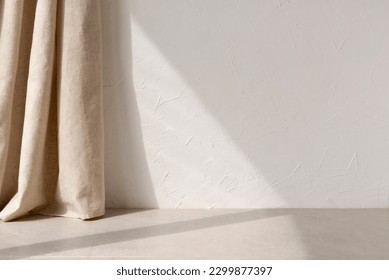 Neutral modern empty room with sunlight shadow, white blank wall background, beige linen curtain, stone floor or tabletop, aesthetic minimalist interior design template - Shutterstock ID 2299877397