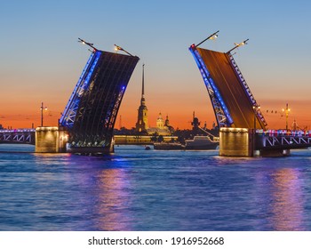Neva River And Open Palace (Dvortsovy) Bridge - St. Petersburg Russia