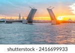 Neva river. Palace Bridge, Rostral Column, Peter and Paul Cathedral. Morning in St.-Petersburg, Russia