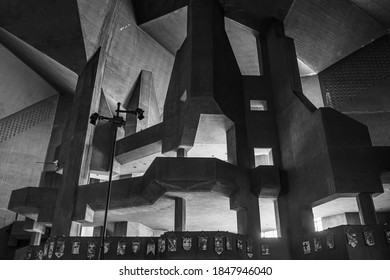 Neviges, Germany -  JULY 2020: Black And White Tone, Interior View Of Mariendom, Landmark And Famous Church With Massy Concrete Brutalist Architectural Style Was Designed By Gottfried Böhm.