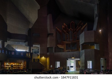 Neviges, Germany -  JULY 2020: Interior View Of Mariendom, Landmark And Famous Church With Massy Concrete Brutalist Architectural Style Was Designed By Gottfried Böhm.