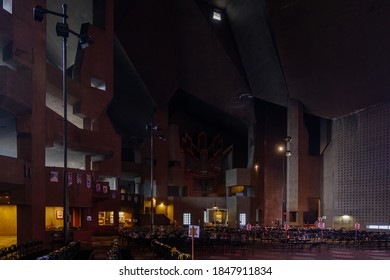 Neviges, Germany -  JULY 2020: Interior View Of Mariendom, Landmark And Famous Church With Massy Concrete Brutalist Architectural Style Was Designed By Gottfried Böhm.