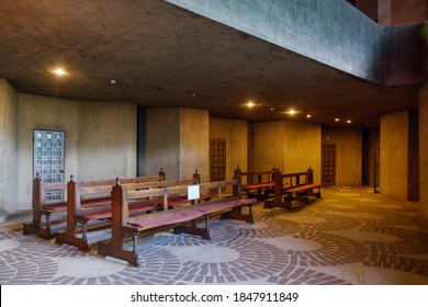 Neviges, Germany -  JULY 2020: Interior View Of Mariendom, Landmark And Famous Church With Massy Concrete Brutalist Architectural Style Was Designed By Gottfried Böhm.