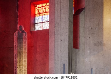 Neviges, Germany -  JULY 2020: Interior View Of Mariendom, Landmark And Famous Church With Massy Concrete Brutalist Architectural Style Was Designed By Gottfried Böhm.