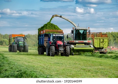 
NEVZOROVO, RUSSIA - AUGUST 10,2019: Harvesting hay with a combine, summer time, harvesting feed for livestock - Shutterstock ID 1920144599