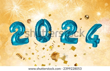New 2024 Year. Blue number shaped balloons, gift boxes, baubles and confetti on golden background with fireworks