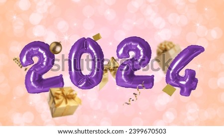 New 2024 Year. Violet number shaped balloons, gift boxes, baubles and confetti on color background with blurred lights, banner design