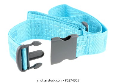 A New Adjustable Travel Luggage Belt With Blue Strap And Polypropylene Buckle Isolated On White Background