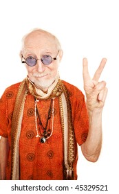 New Age Senior Man In Orange Shirt Making Peace Sign